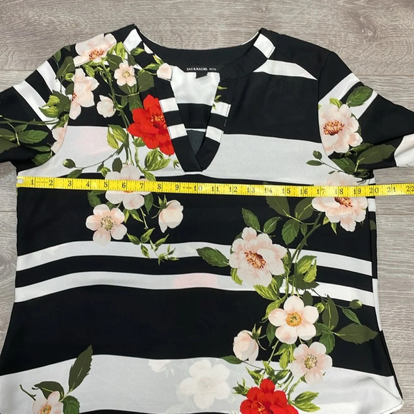 Zac & Rachel 3/4 Sleeve V-Neck Blouse Black White Striped Floral PM - Picture 8 of 15